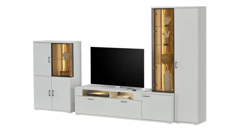 Yannik Schräganischt oben – Highboard 143 cm hoch, Drehtüren Hellgrau – Jette Home