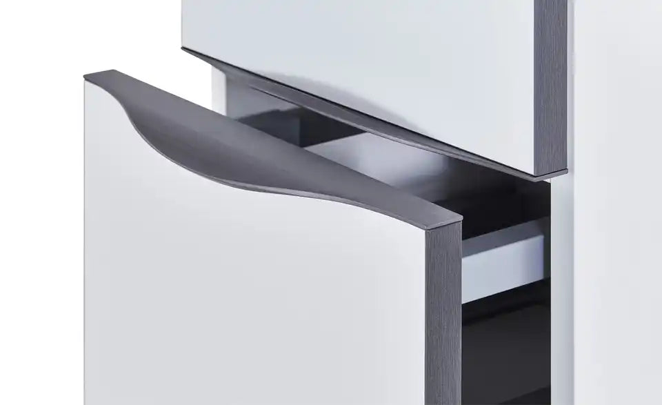 calmo Hochschrank Bajo von vorne – Soft-Close, Drehtüre, Glasböden – calmo