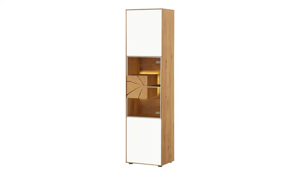 HARTMANN Vitrine Caya Schraegansicht oben – 3 Glastüren, Hirnholzblock-Akzente – HARTMANN