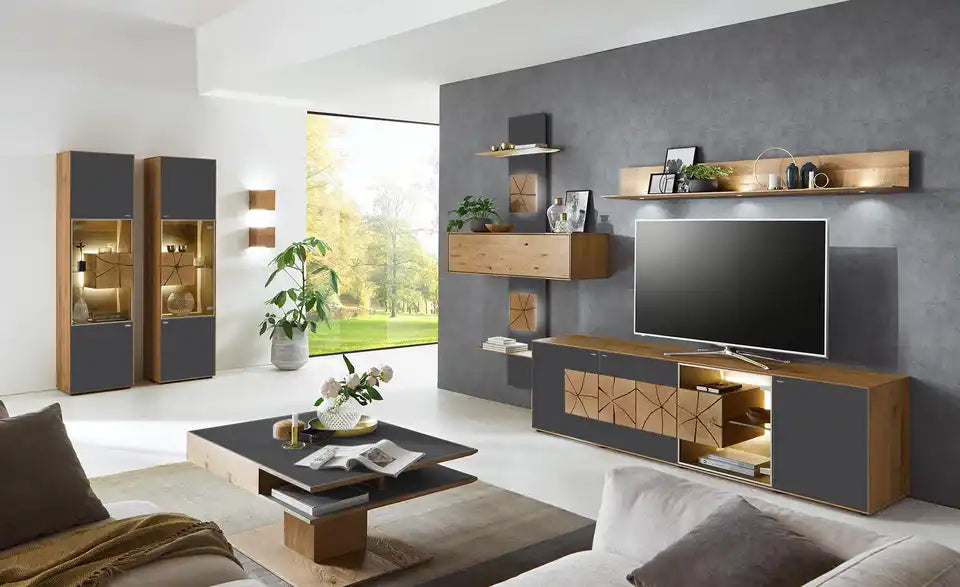 HARTMANN Vitrine Caya Gesamtansicht – Eiche/Anthrazit, Mattglas, Push-to-Open – HARTMANN