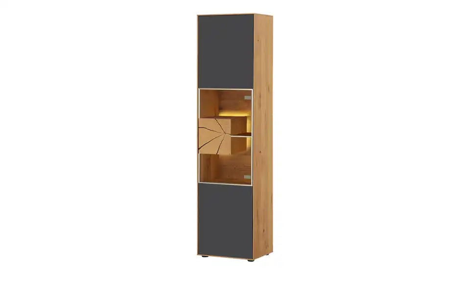 HARTMANN Vitrine Caya im Raum – modernes Wohnzimmer, Eiche und Anthrazit – HARTMANN