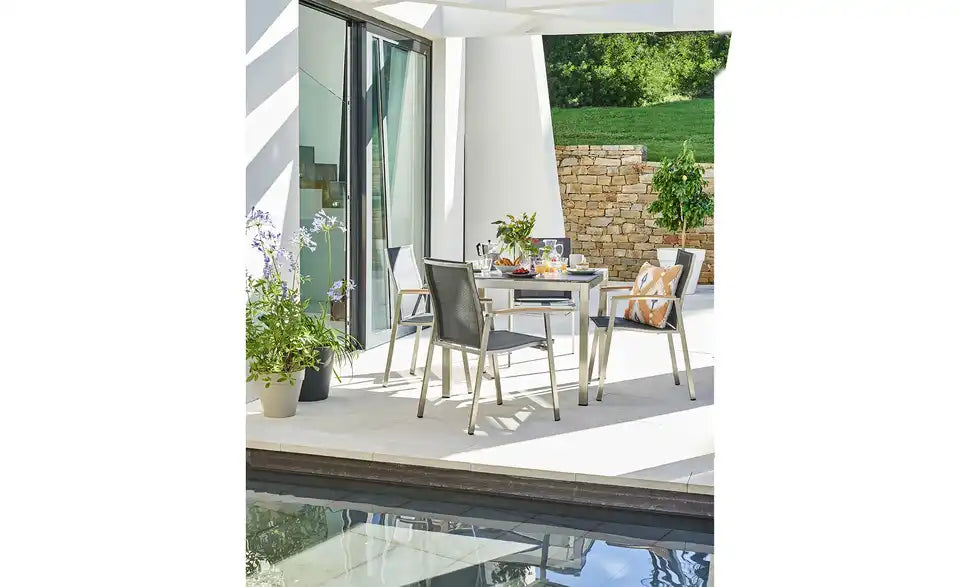 Garten-Stapelsessel London Seitenansicht – Sitzhöhe 45,5 cm, Edelstahlgestell – a casa mia