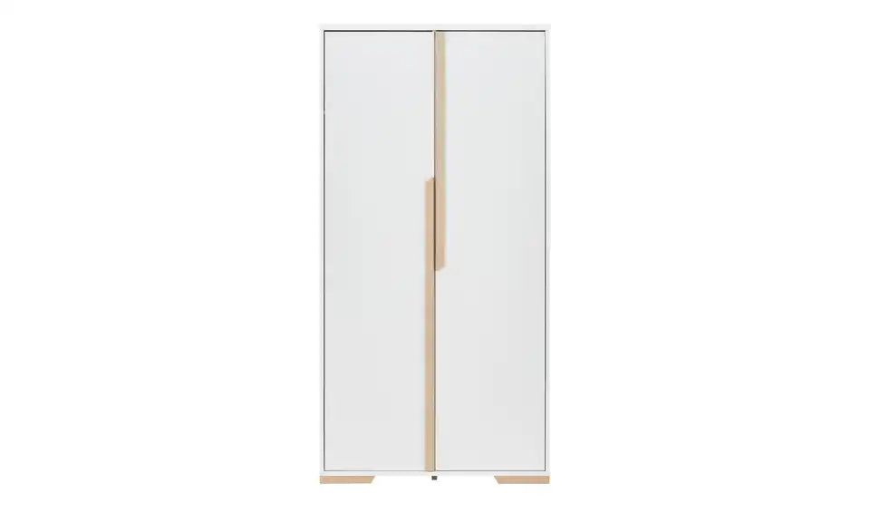 pinio Kleiderschrank Soe Schrägsicht – Weißlackiert mit Buche-Absetzung, modern – pinio