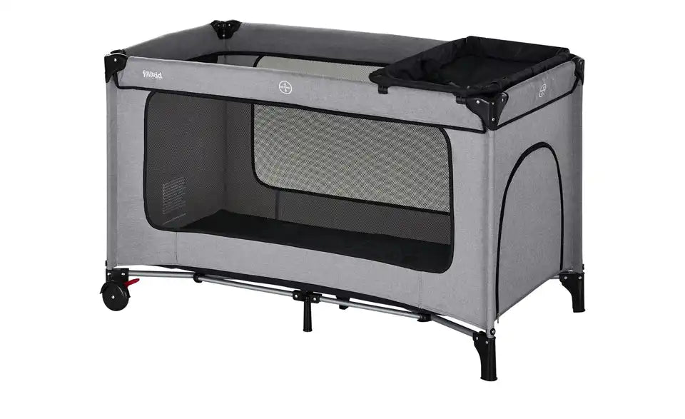 Fillikid Reisebett Premium Gesamtansicht – zusammenklappbar, Hellgrau/Schwarz, 65x76x125 cm – Fillikid