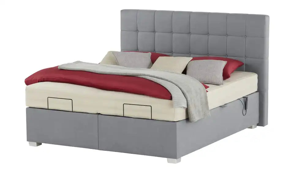 vanDoorn Motor-Boxspringbett Ohio von vorne – Kopfteil mit quadratischer Steppung, Grau – vanDoorn