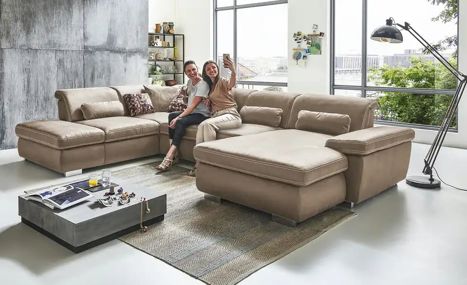 Wohnlandschaft Amanda Gesamtansicht – Braun, Mikrofaser, 379 cm, Ausrichtung links – Lounge Collection