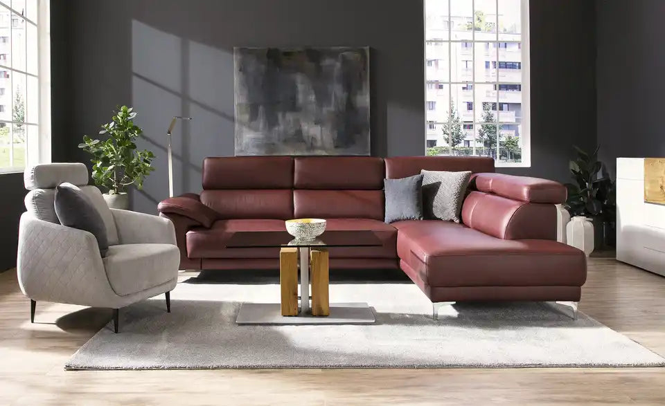 Max Schelling Ecksofa Vita Schrägansicht – Leder Rotbraun, Sitzhöhe 45 cm – Max Schelling