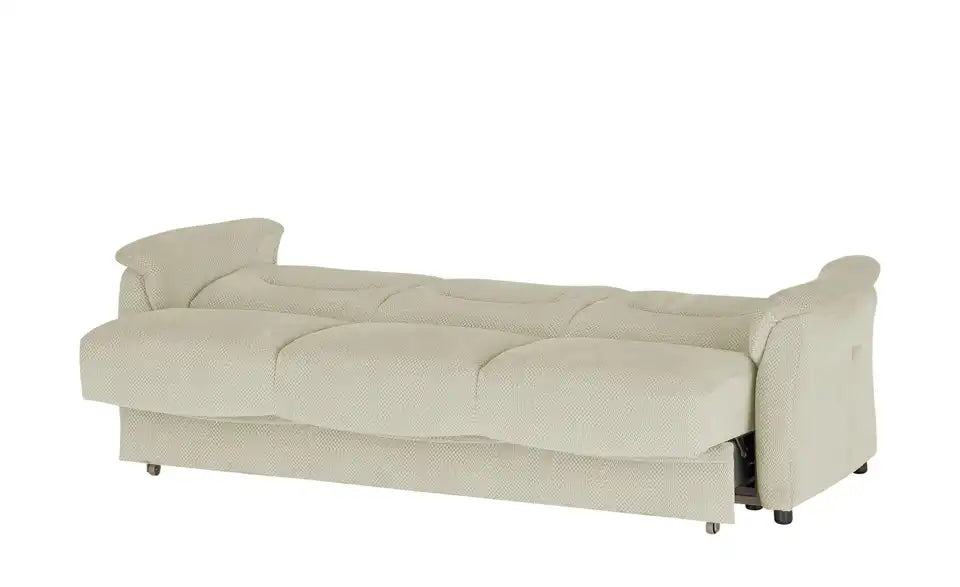Polstermöbel Oelsa Schlafsofa Sarah von vorne – Flachgewebe Sand, Bettkasten, 223 cm breit – Polstermöbel Oelsa