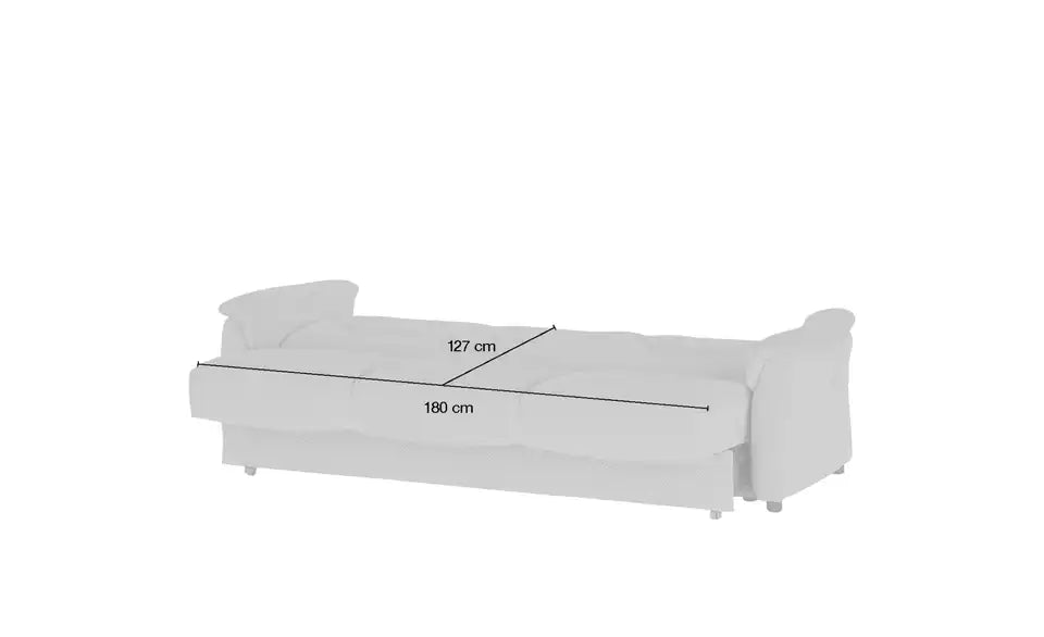 Polstermöbel Oelsa Schlafsofa Sarah Draufsicht – Bettkasten geöffnet, Sitztiefe 50 cm – Polstermöbel Oelsa