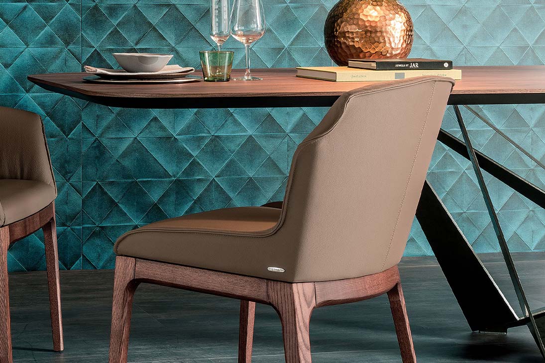 SKORPIO WOOD B Esstisch Schrägansicht hinten – Metallbasis gekreuzt, Holz-Tischplatte – Cattelan Italia