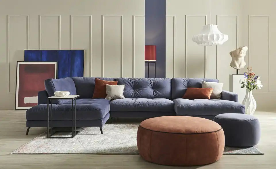 Jette Home Wohnlandschaft Jette Return Gesamtansicht – Dunkelblau Samt, 359 cm breit, Ausrichtung links – Jette Home