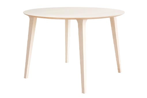 LAU ROUND Esstisch Seitenansicht – Holz Esche weiß, sanft abgeschrägte Beine – Stua