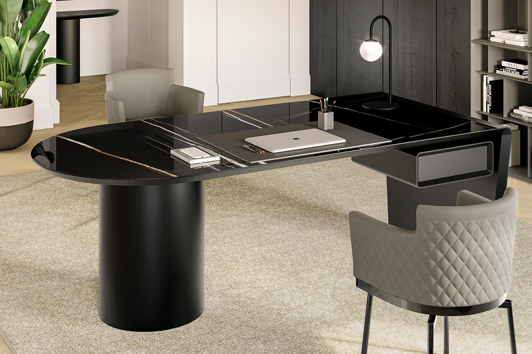 CILINDRO KERAMIK Bürotisch Gesamtansicht – Keramikplatte Glossy Onice, 225 x 108 cm – Eforma