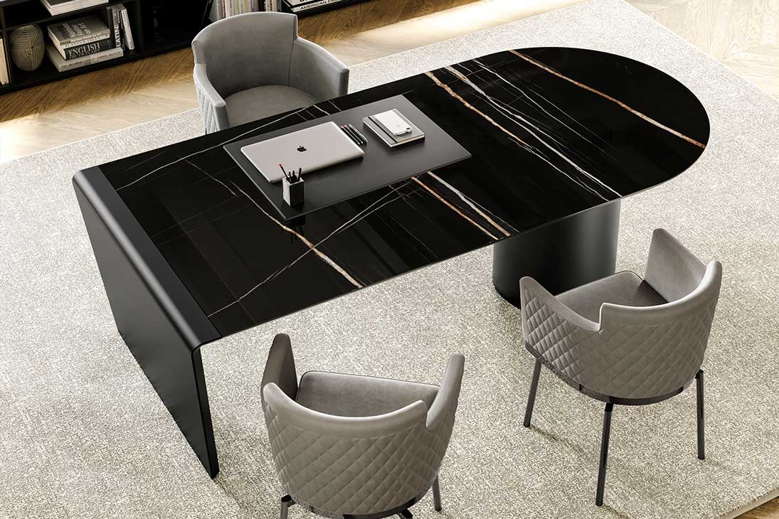 CILINDRO KERAMIK Bürotisch Seitenansicht – skulpturale Basis Metall, Höhe 75 cm – Eforma