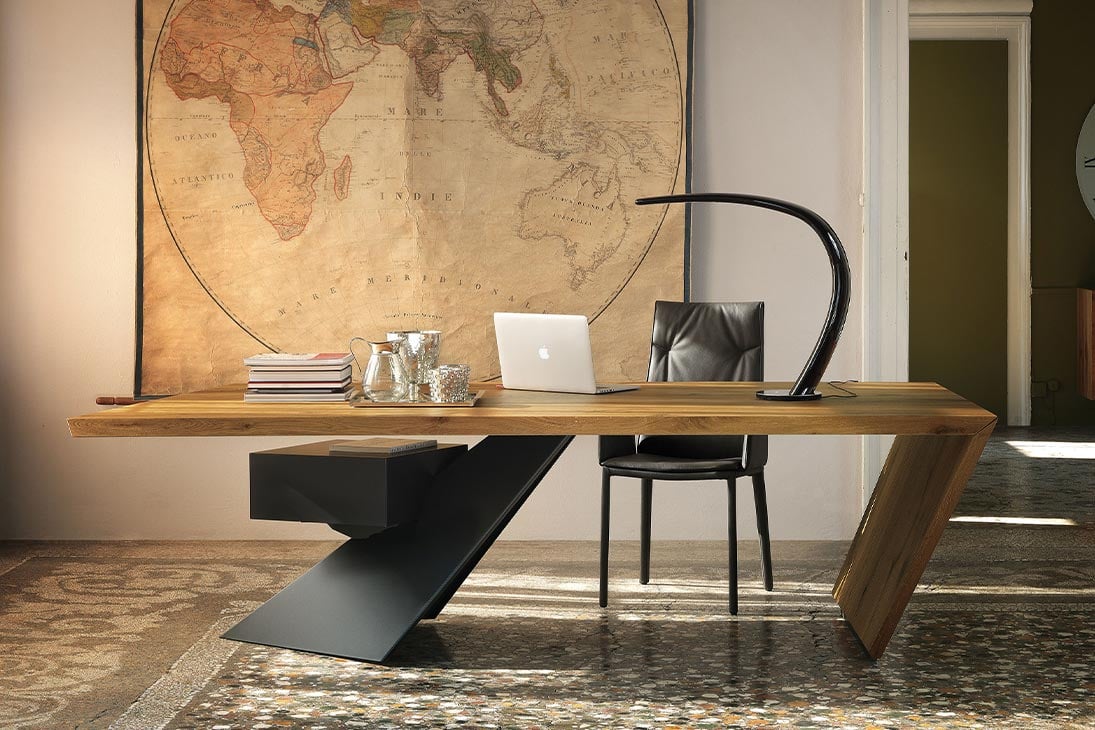 NASDAQ Bürotisch Seitenansicht – graphitfarbenes Metallgestell mit Holzfurnier – Cattelan Italia