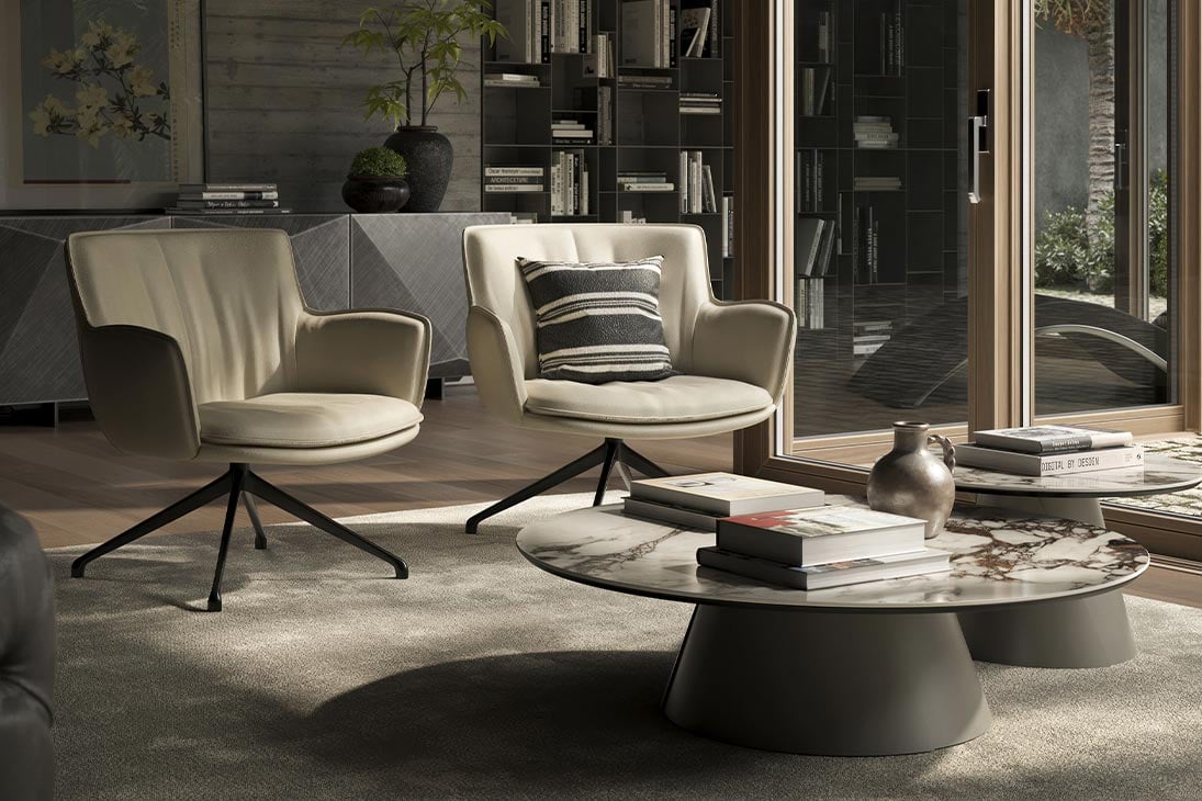 RHONDA LOUNGE Drehsessel Seitenansicht – Sitzhöhe ca. 40 cm, Armlehnhöhe 57 cm – Cattelan Italia