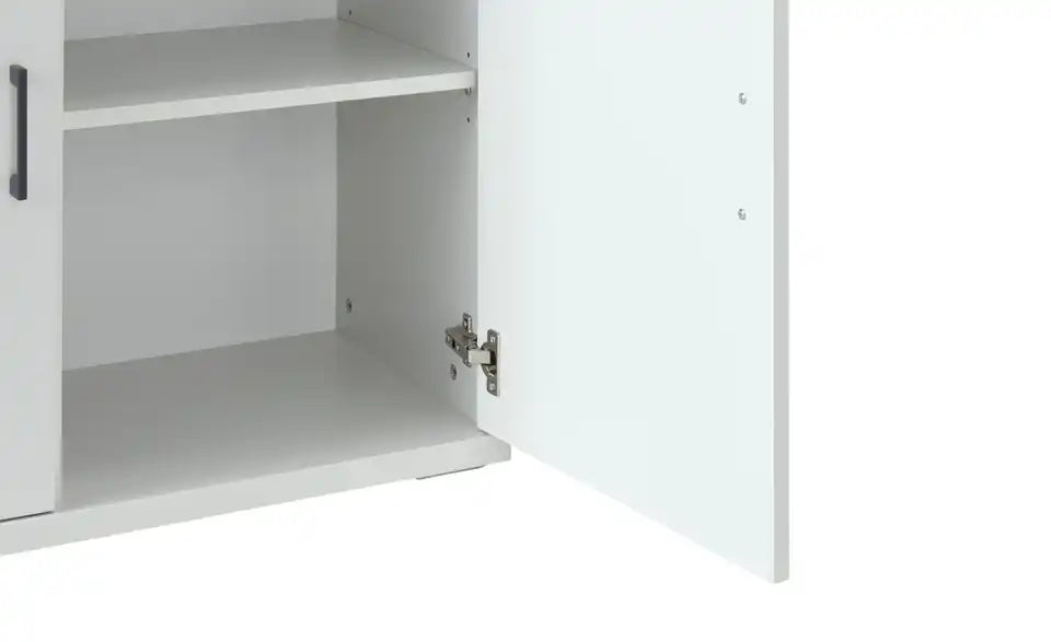 Yannik Nahaufnahme Vitrine – Glasböden und Drehtüren, Hellgrau – Jette Home