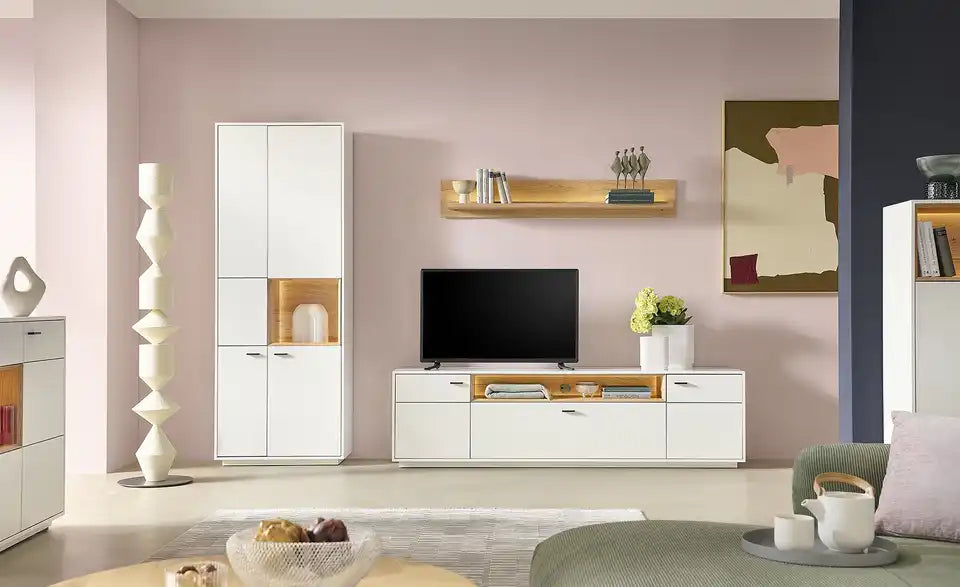 Jette Home Wohnkombination Coruna Gesamtansicht – Weiß Eiche, 288x208x50 cm, LED – Jette Home