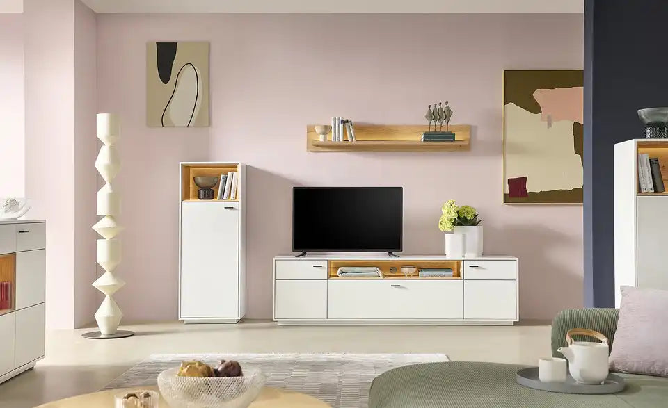 Jette Home Wohnkombination Coruna Gesamtansicht – Weiß/Eiche, B 263 cm, LED-Beleuchtung – Jette Home