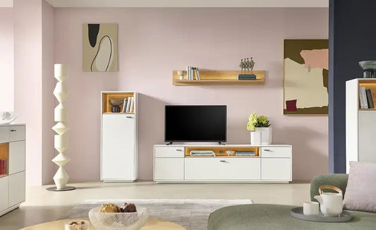 Jette Home Wohnkombination Coruna Gesamtansicht – Weiß/Eiche, B 263 cm, LED-Beleuchtung – Jette Home