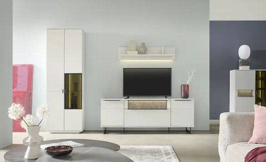 Jette Home Wohnkombination Stone Gesamtansicht – Wohnwand Weiß 252 cm mit Vitrine und Lowboard – Jette Home