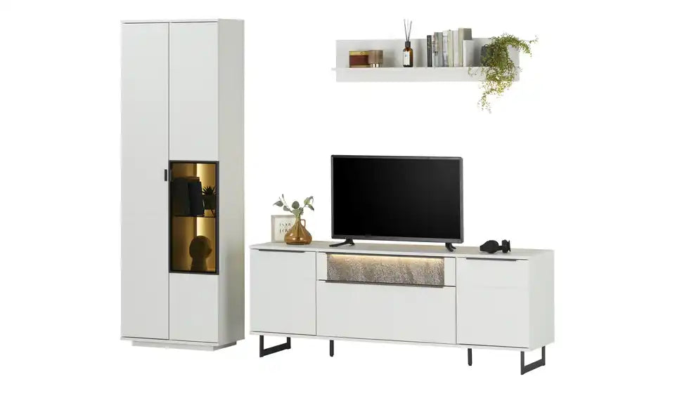 Jette Home Wohnkombination Stone Detail Vitrine – Glastür mit 4 verstellbaren Böden und LED – Jette Home