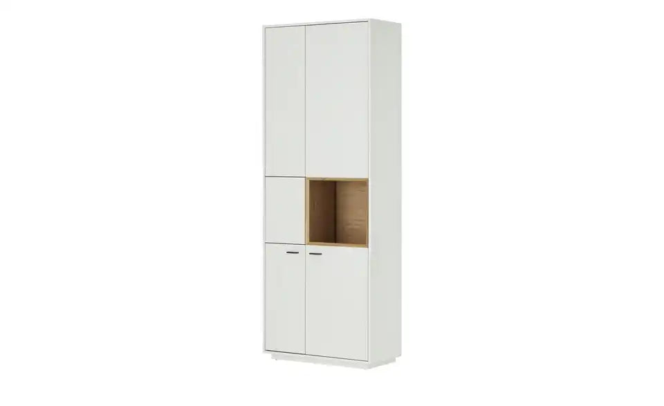 Jette Home Vitrine Coruna Gesamtansicht – 78x208x38 cm, Weiß/Eiche, LED-Beleuchtung – Jette Home
