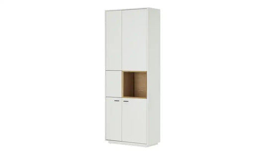 Jette Home Vitrine Coruna Gesamtansicht – 78x208x38 cm, Weiß/Eiche, LED-Beleuchtung – Jette Home