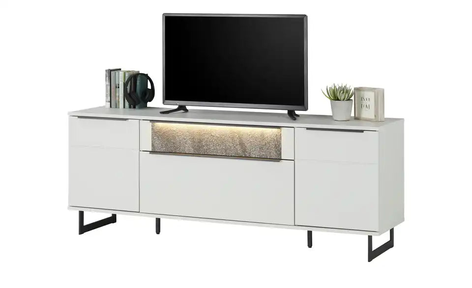 Jette Home Lowboard Stone von vorne – Weiß lackiert, Kufengestell Schwarz, 2 Türen – Jette Home