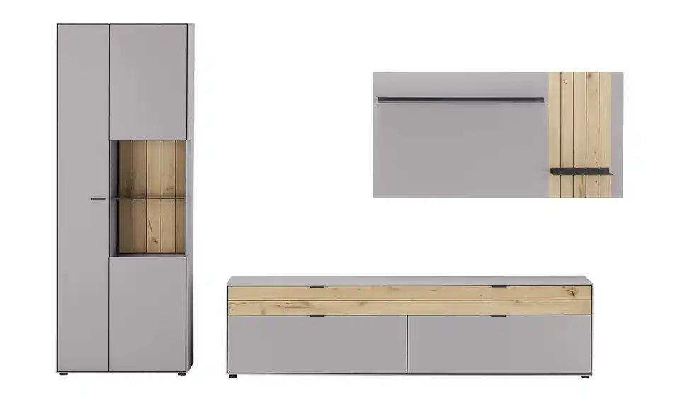 Jette Home Wohnkombination Como von vorne – Balkeneiche-Akzentfront, Glasvitrine – Jette Home