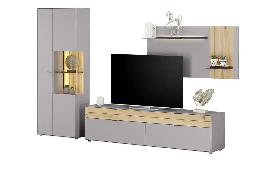 Jette Home Wohnkombination Como im Raum – Wohnwand mit Vitrine und Hängeregal – Jette Home
