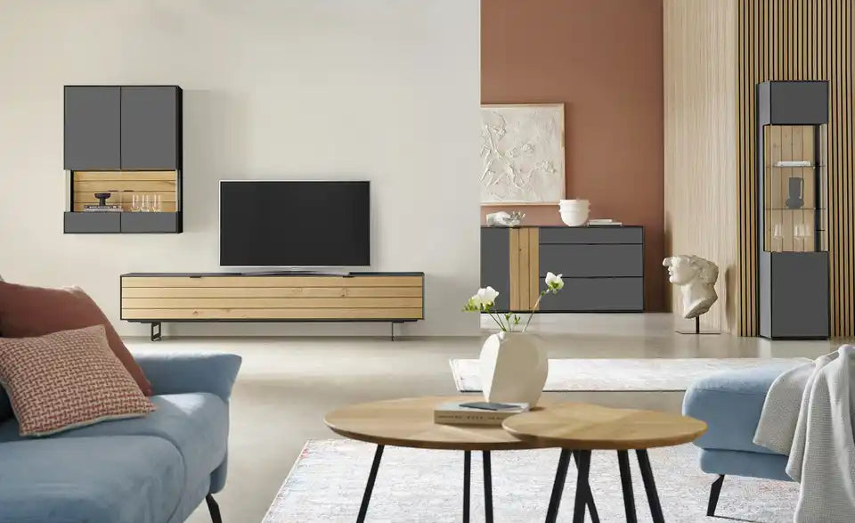 Jette Home Vitrine Como Gesamtansicht – Graphitgrau, Höhe 206 cm, Glastüre – Jette Home