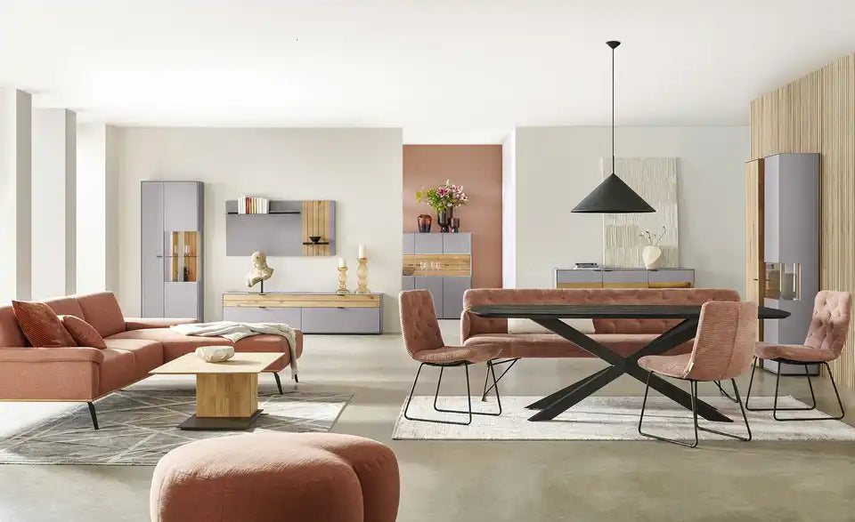 Jette Home Vitrine Como Gesamtansicht – Samtgrau, Glasfront, 206 cm Höhe – Jette Home