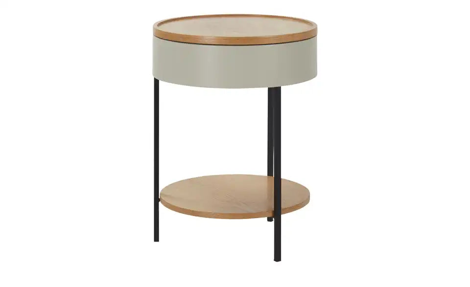 Jette Home Beistelltisch Secret Gesamtansicht – Seidengrau mit Eichedekor-Ablage – Jette Home