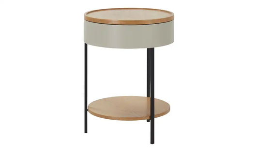 Jette Home Beistelltisch Secret Gesamtansicht – Seidengrau mit Eichedekor-Ablage – Jette Home