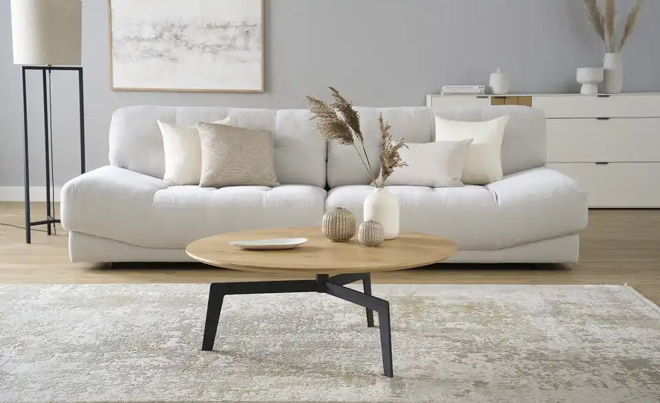Jette Home Couchtisch Skip I Schräganasicht – Industrial Modern Eiche und Metall – Jette Home
