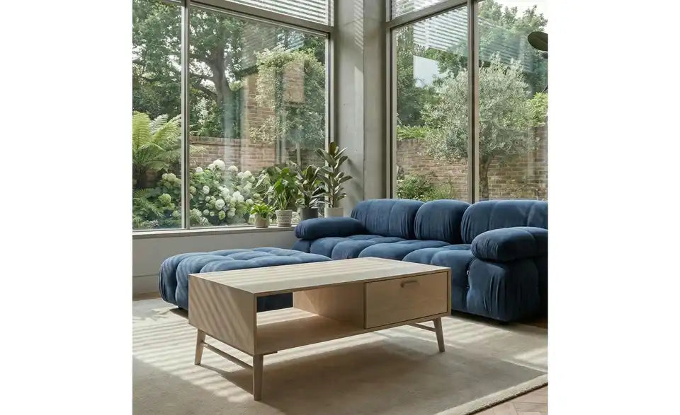 Furnhouse Couchtisch Seitenansicht – 4-Fußgestell Massivholz, Eiche bianco – Furnhouse