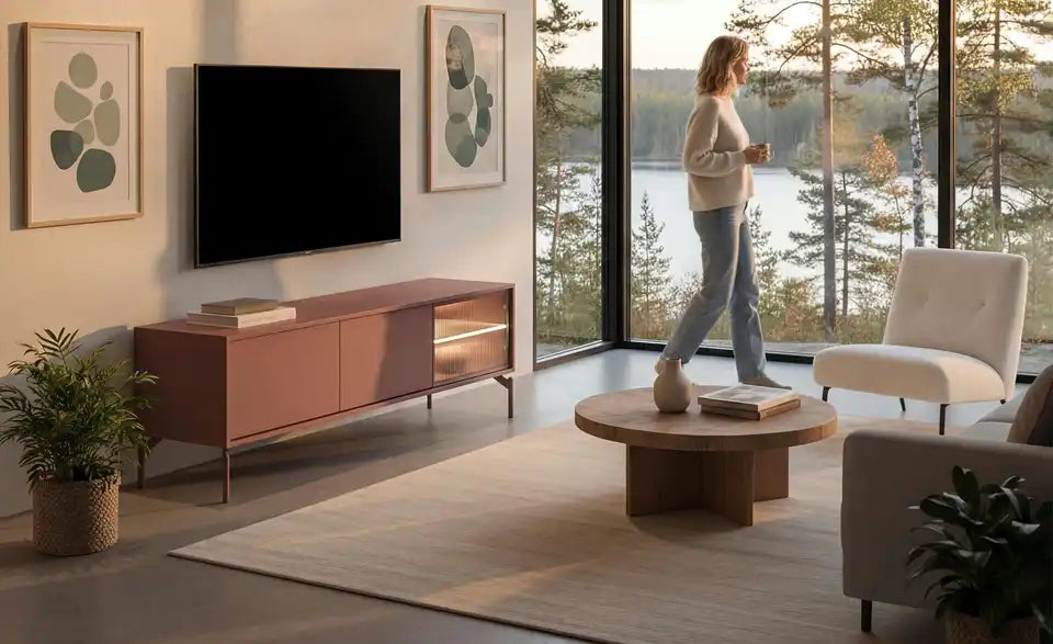 Love it TV-Lowboard Flumeri von vorne – Drehtür rechts, Farbton Mauve transparent – Love it