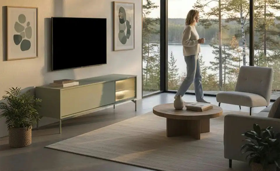 Love it TV-Lowboard Flumeri Schrägansicht – Push-to-Open, Glasböden – Love it