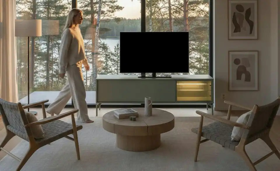 Love it TV-Lowboard Flumeri Schrägansicht links – LED Glaskantenbeleuchtung – Love it