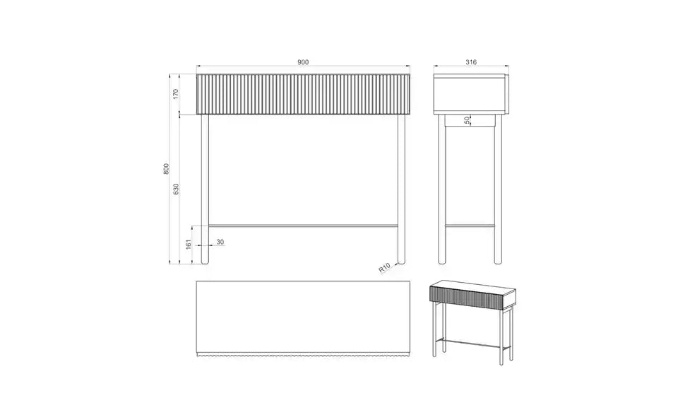 Noelie Konsolentisch von vorne – Tischplatte 90x32 cm, Stärke 1,6 cm – Selsey