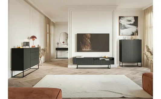 Selsey Konsolentisch Veldio Gesamtansicht – schwarz, geriffelte Fronten, Metallgestell – Selsey