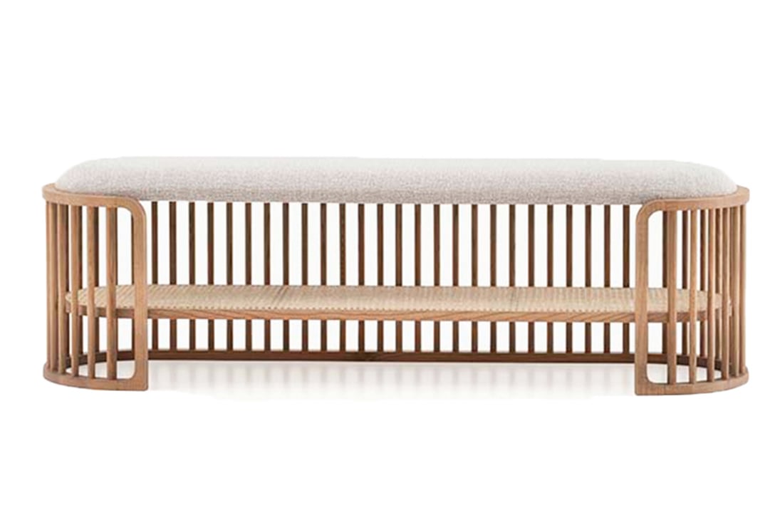 PALÙ Sitzbank Seitenansicht – Eschengestell mit Rattan-Regal, Sitzhöhe 46 cm – Pianca