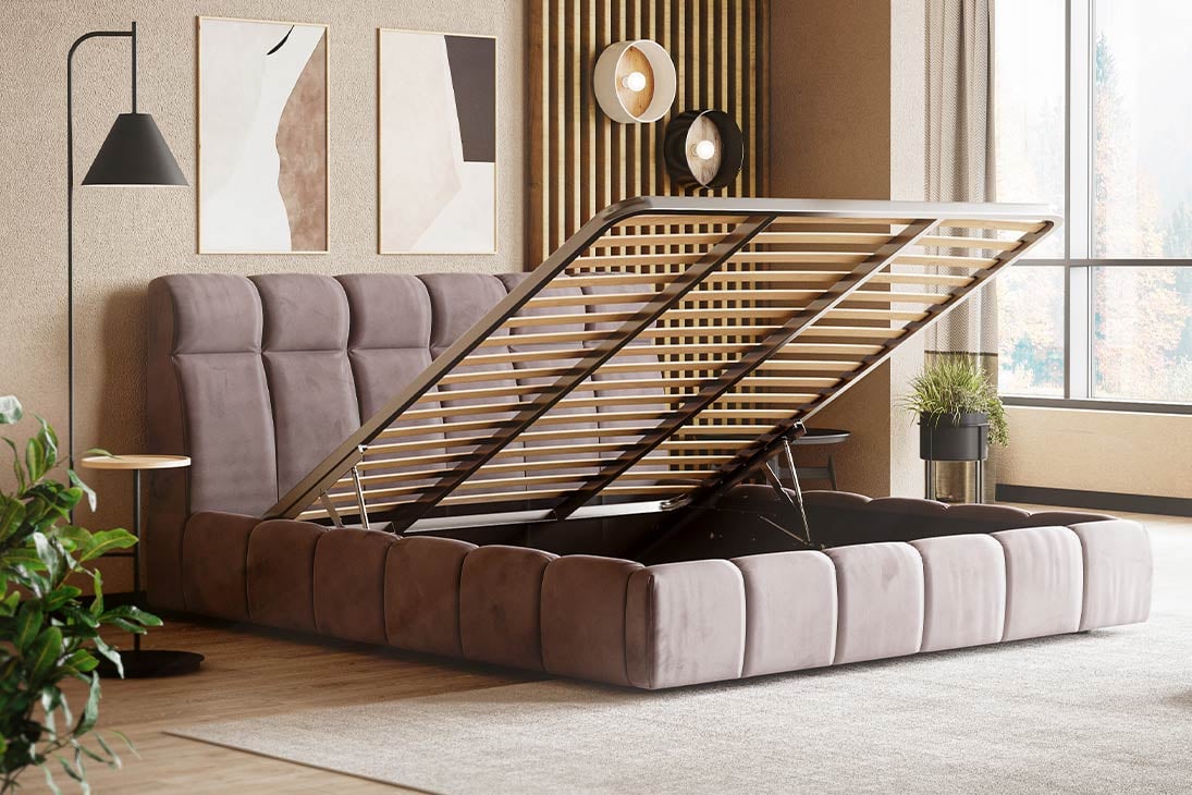 Detailansicht Kopfteil FRIZZANTE Bett – Kassettensteppung, weiches Polster in Charcoal – LNC
