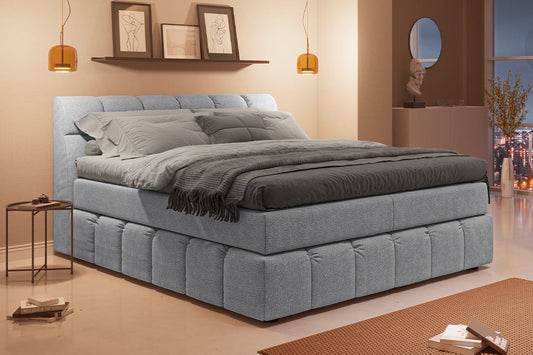 FRIZZANTE Boxspringbett Gesamtansicht – Charcoal Polyester, Kassettensteppung Kopfteil – LNC