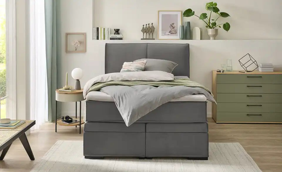 Boxi Urban Boxspringbett Gesamtansicht – Dunkelgrau, Samtbezug, 140x200 cm – Boxi