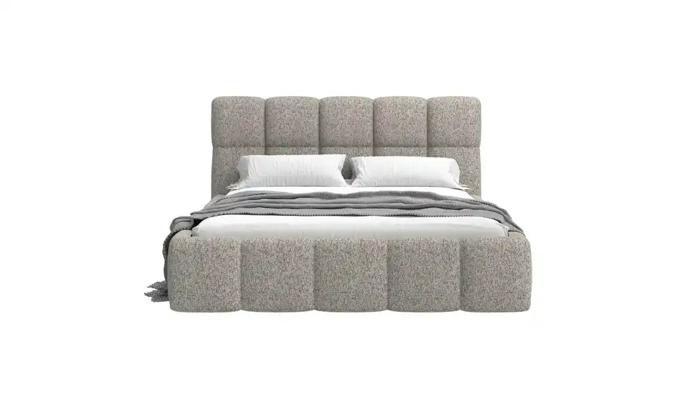 Selsey Polsterbett Cloudy Detailansicht – Polyester-Webstoff dunkelbeige, Kunststofffüße schwarz – Selsey