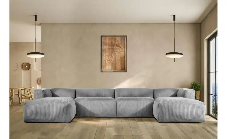 KONSIMO Wohnlandschaft Buffo Gesamtansicht – Hellgrau Cordstoff, 9 Sitzplätze – KONSIMO
