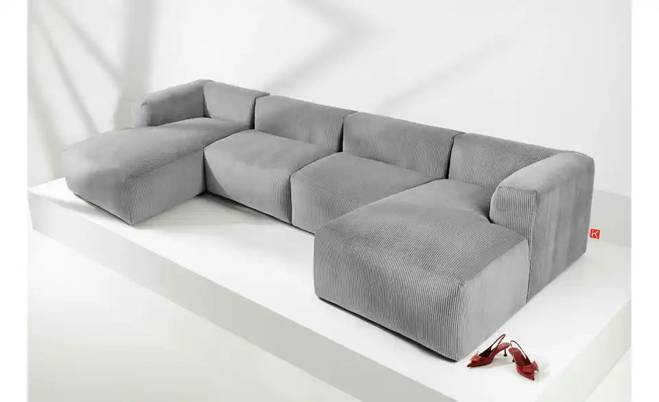 KONSIMO Wohnlandschaft Buffo von vorne – Cordstoff Hellgrau, Sitzhöhe 44 cm – KONSIMO