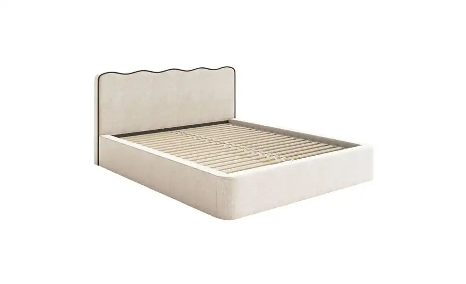 Duney Polsterbett Detailansicht – Polsterkopfteil Hellbeige, modernes Design – Selsey